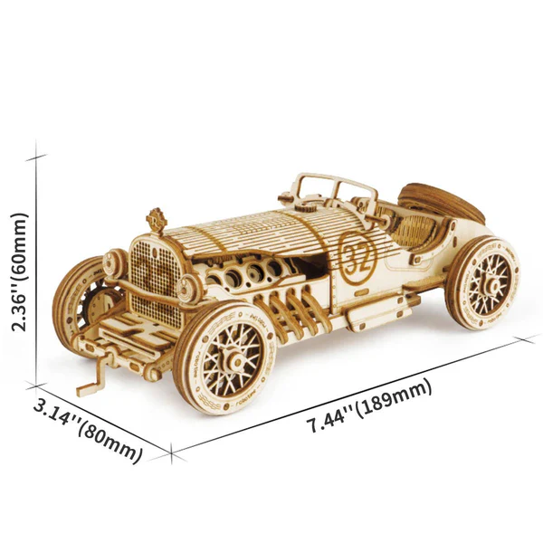 Mechaniczny drewniany model 3D Samochód Grand Prix V8 Rolife RA001e – infografika z wymiarami: długość 189mm, szerokość 80mm, wysokość 60mm, skala 1:16