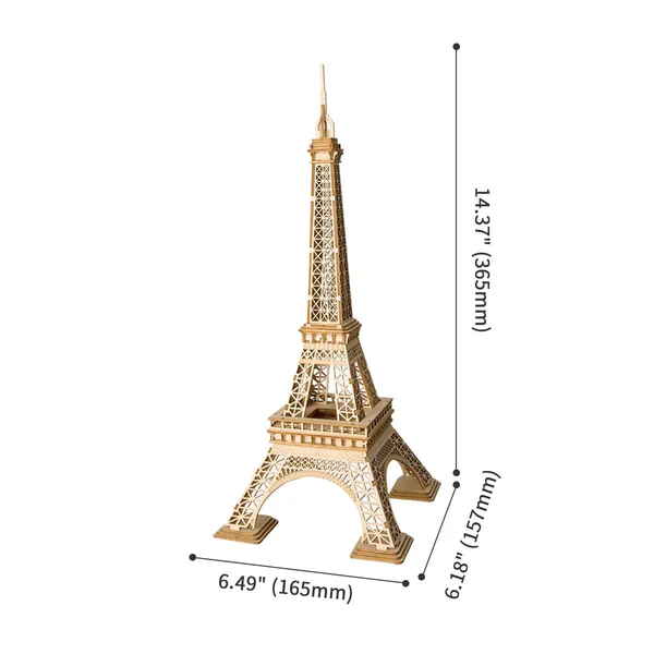 Drewniany puzzle 3D Wieża Eiffla Rolife RA007e – infografika z wymiarami: szerokość 165mm, głębokość 157mm, wysokość 365mm