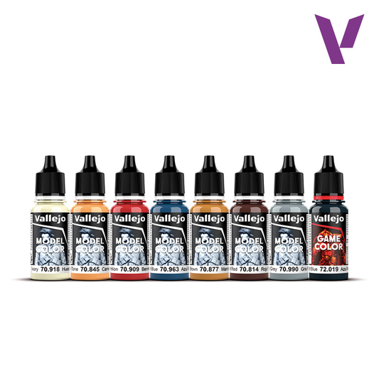 Vallejo Model Color Elves and Gnomes 70.242 - 8 butelek farb akrylowych 18ml Ivory Sunny Skin Tone Vermilion Medium Blue Gold Brown Burnt Red Light Grey Night Blue do malowania elfów - Vallejo
