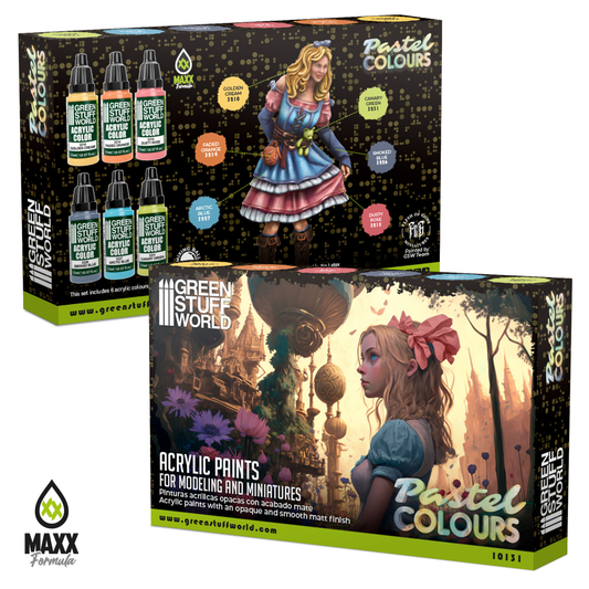 Green Stuff World Paint Set Pastel Colours 10131 pudełko przód i tył - zestaw 6 pastelowych farb akrylowych Maxx Formula do malowania figurek fantasy - Green Stuff World