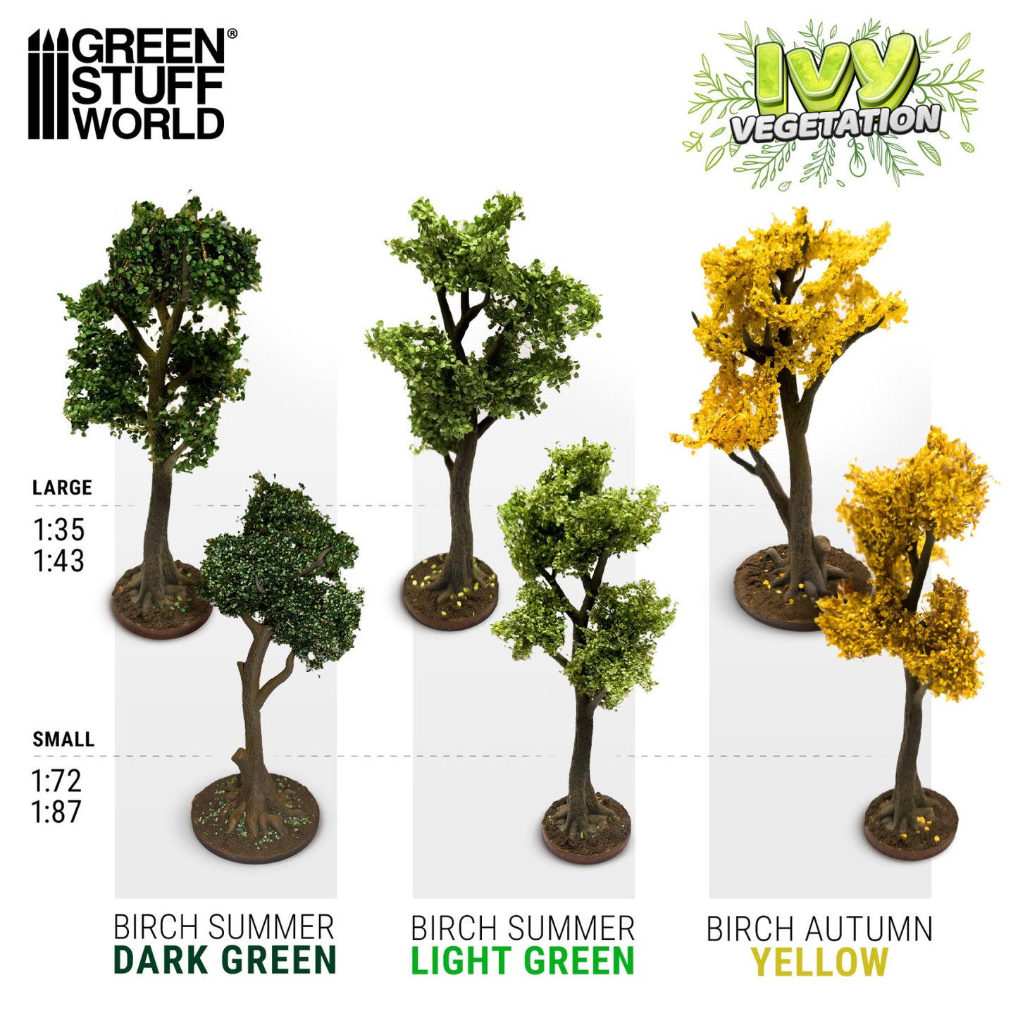 Ivy Foliage GSW Birch - porównanie rozmiarów i kolorów: Birch Summer Dark Green, Light Green i Birch Autumn Yellow w skalach 1:35 i 1:72