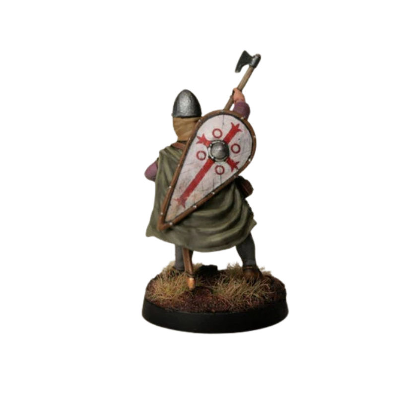 Figurka Anglosasa 28mm z naklejką na tarczę Late Saxon Shield Designs – wojownik z toporem