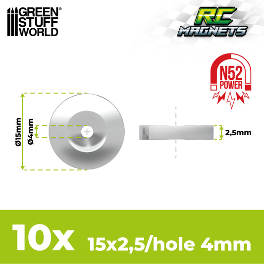 Green Stuff World 12595 – schemat wymiarów magnesu neodymowego 15x2,5mm z otworem 4mm N52 RC, 10 szt.