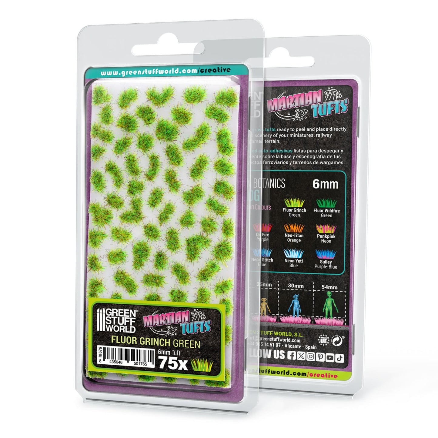 Green Stuff World Martian Fluor Tufts 6mm Fluor Grinch Green – widok ogólny arkusza samoprzylepnych kępek traw w kolorze fluorescencyjnej zieleni Grinch