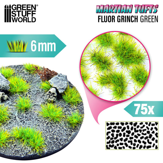 Green Stuff World Martian Fluor Tufts 6mm Fluor Grinch Green – zbliżenie na teksturę i intensywny kolor fluorescencyjnych kępek, widok makro