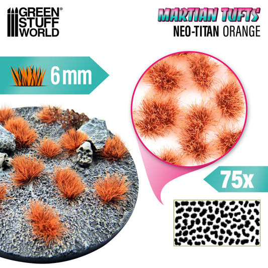 Martian Fluor Tufts 6mm Neo-Titan Orange Green Stuff World - podstawka sci-fi z czaszką i kamieniami ozdobiona pomarańczowymi kępkami, zbliżenie na teksturę włókien i układ 75 sztuk na arkuszu