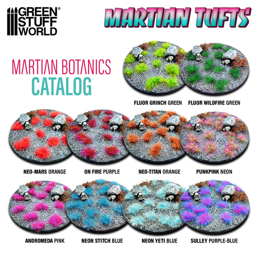 Martian Botanics Catalog GSW - porównanie wszystkich kolorów serii Martian Tufts 6mm na podstawkach: Neon Stitch Blue, Fluor Wildfire Green, Punkpink Neon i inne
