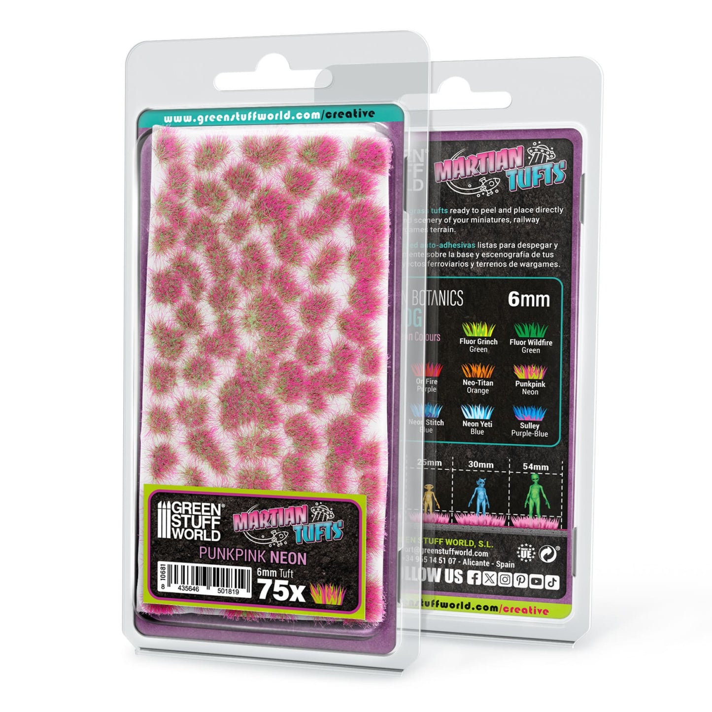 Martian Fluor Tufts 6mm Punkpink Neon Green Stuff World - opakowanie blister 75 sztuk serii Martian Tufts, widok z przodu i tyłu z opisem kolorów Botanics 6mm i skal 25mm 30mm 54mm