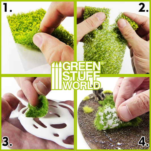 Grass Mat Cutouts Purple Meadow Green Stuff World 10342 – instrukcja 4 kroków użycia maty trawiastej: odklejanie, formowanie, wycinanie kształtów i aplikacja na podstawkę, logo GSW