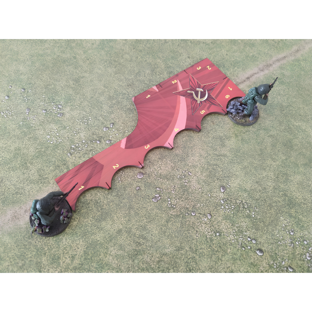 SceneryWargames Soviet Army Tactical Combat Ruler 6" – miarka taktyczna w użyciu na stole bitewnym z figurkami żołnierzy 28mm, pomiar odległości między miniaturami, Bolt Action