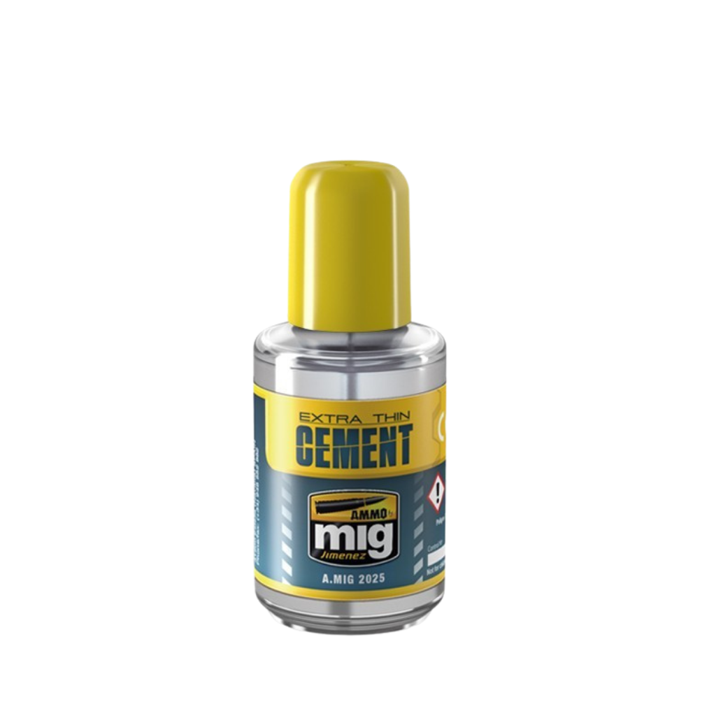 AMMO by MIG Jimenez Extra Thin Cement A.MIG-2025 – butelka 30ml kleju kapilarnego do plastiku z żółtą zakrętką i pędzelkiem aplikacyjnym