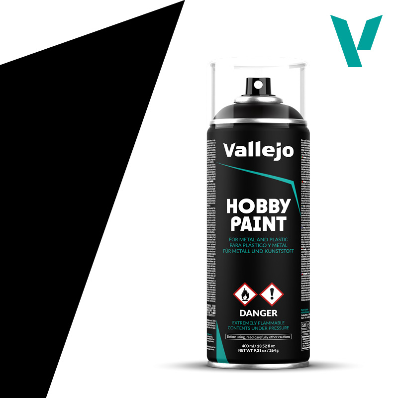 Vallejo Hobby Paint Spray Black Primer - Czarny Podkład w Sprayu 400ml 28012 – puszka aerozolu, widok frontalny