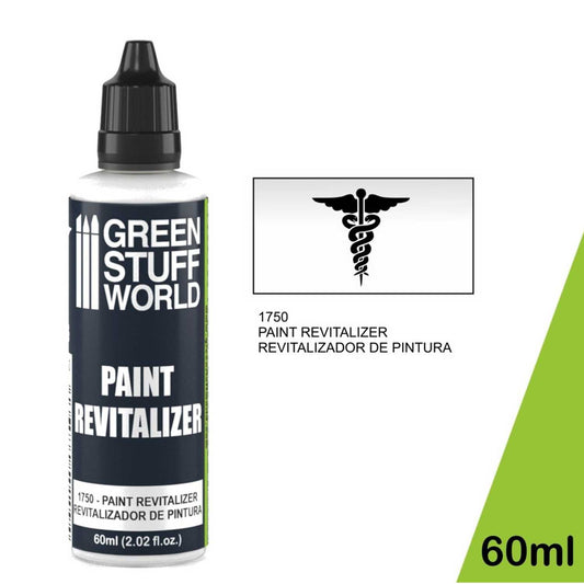 Paint Revitalizer 60ml Green Stuff World - butelka rewitalizatora z symbolem medycznym, widok z przodu z opisem zastosowania
