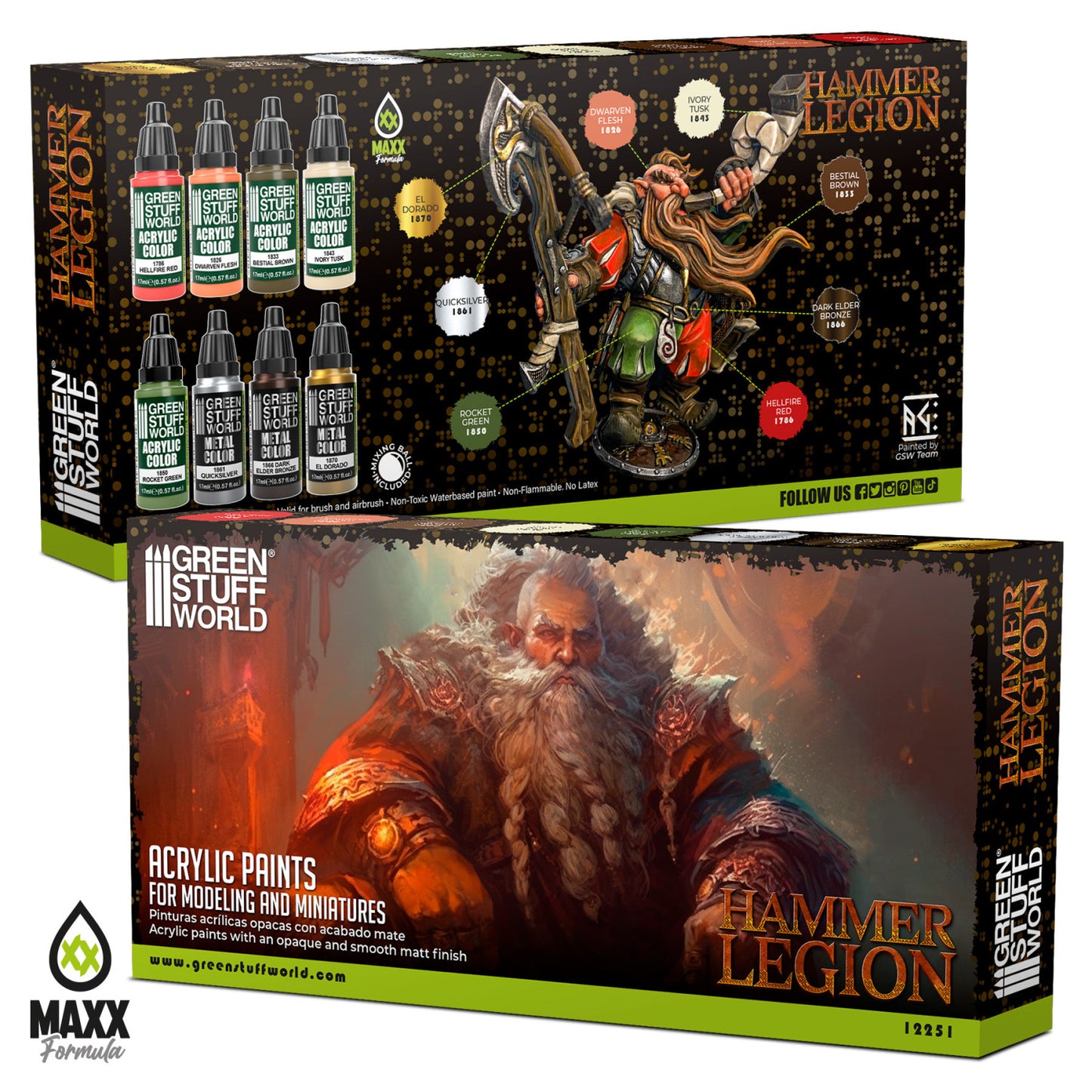 Green Stuff World Paint Set Hammer Legion 12251 pudełko przód i tył - zestaw 8 farb akrylowych Maxx Formula do malowania figurek krasnoludów Warhammer - Green Stuff World
