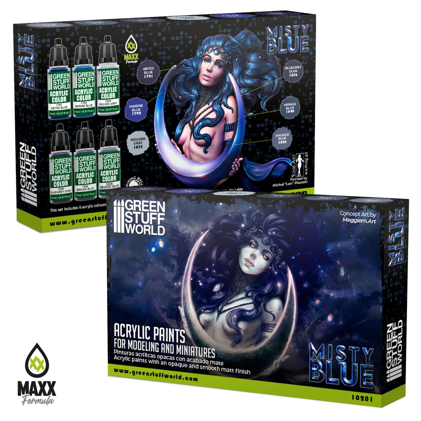 Green Stuff World Paint Set Misty Blue 10201 pudełko przód i tył - zestaw 6 farb akrylowych Maxx Formula Abyss Blue Marine Blue Wolven Grey Bluegrey Dusk Mirage Blue Smoked Blue - Green Stuff World