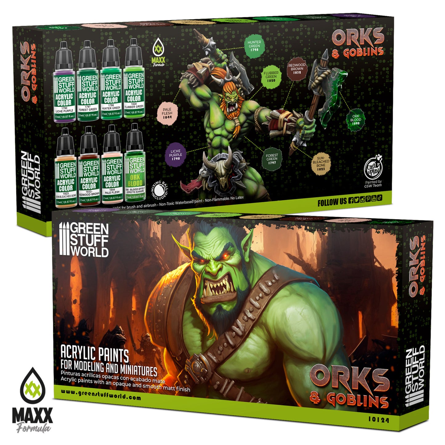 Green Stuff World Paint Set Orks and Goblins 10124 pudełko przód i tył - zestaw 8 farb akrylowych Maxx Formula do malowania figurek Warhammer - Green Stuff World