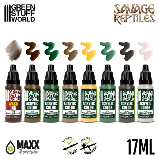 Green Stuff World Paint Set Savage Reptiles - zawartość zestawu 8 farb akrylowych z próbkami kolorów Andalusian Earth Yoda Green Ranger Green Moon Mist Grey - Green Stuff World