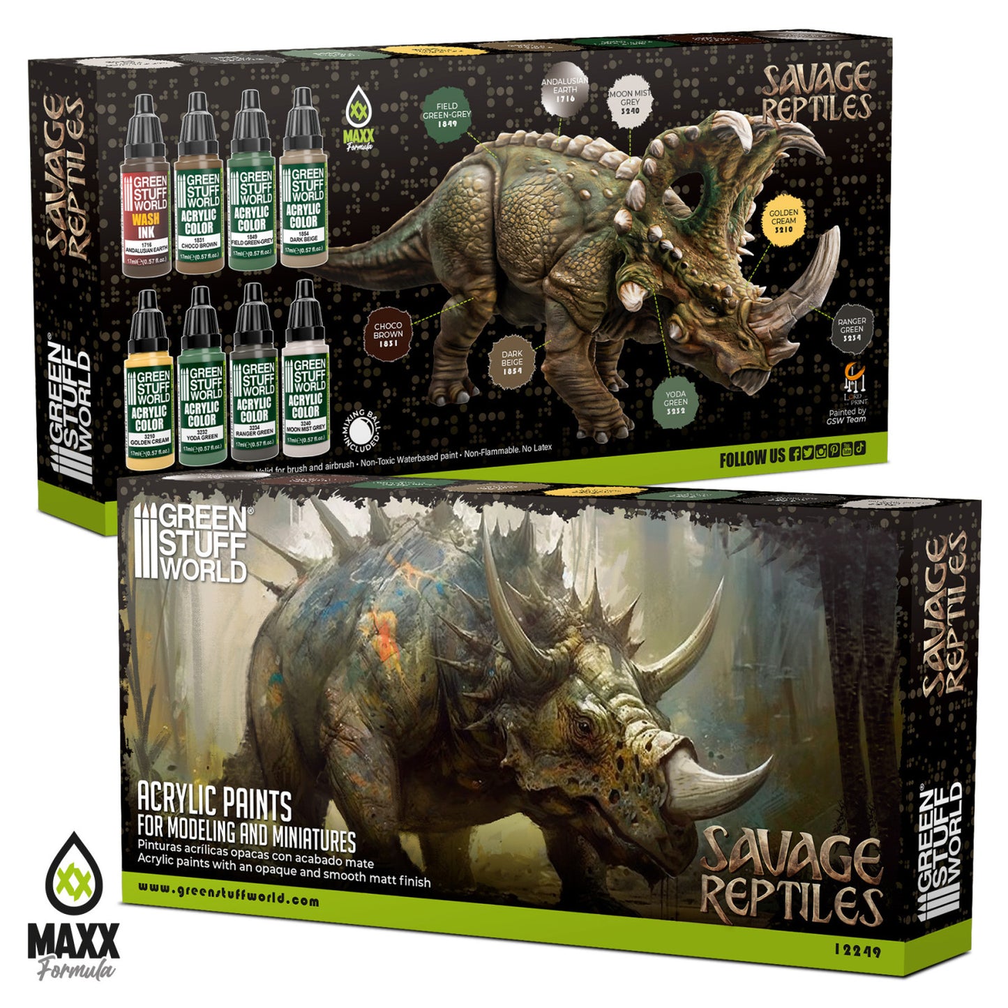 Green Stuff World Paint Set Savage Reptiles 12249 pudełko przód i tył - zestaw 8 farb akrylowych Maxx Formula do malowania figurek gadów - Green Stuff World