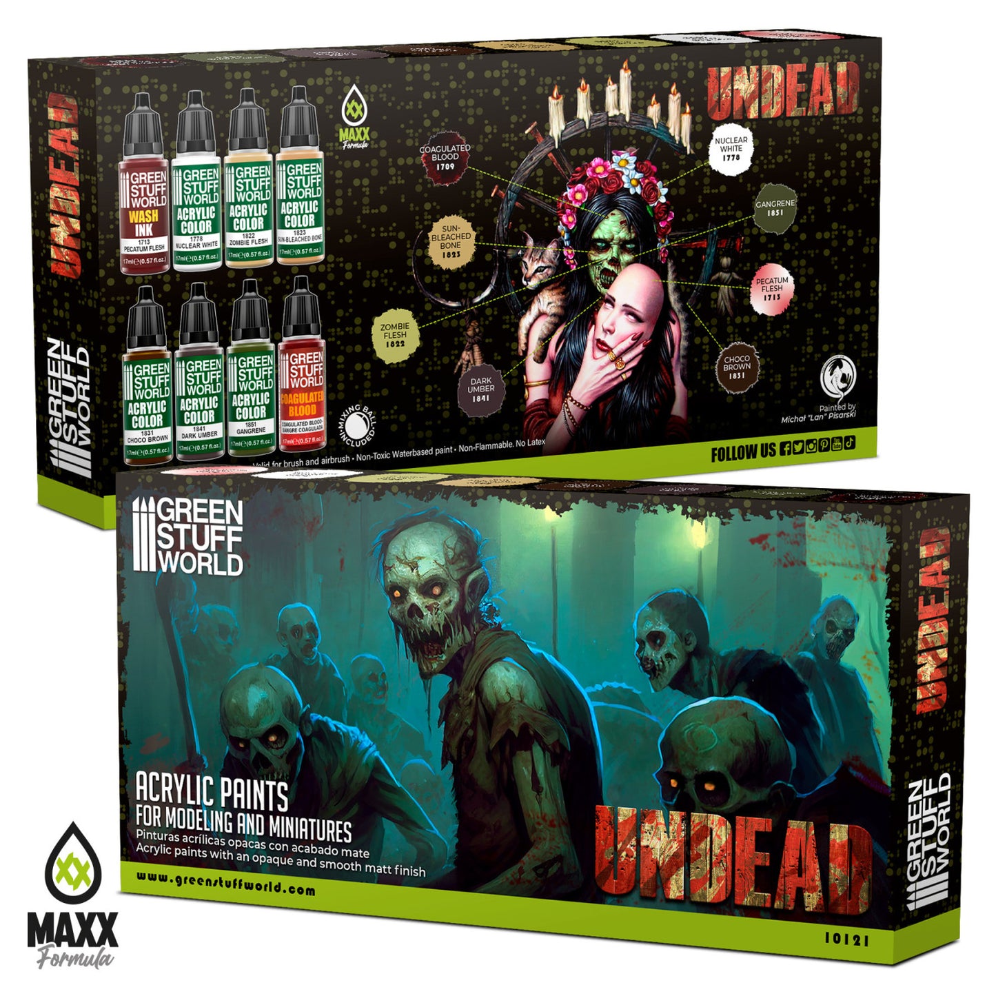 Green Stuff World Paint Set Undead 10121 pudełko przód i tył - zestaw 8 farb akrylowych Maxx Formula do malowania figurek zombie i nieumarłych Warhammer - Green Stuff World