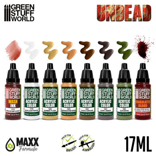 Green Stuff World Paint Set Undead - zawartość zestawu 8 farb akrylowych z próbkami kolorów Pecatum Flesh Zombie Flesh Gangrene Coagulated Blood - Green Stuff World