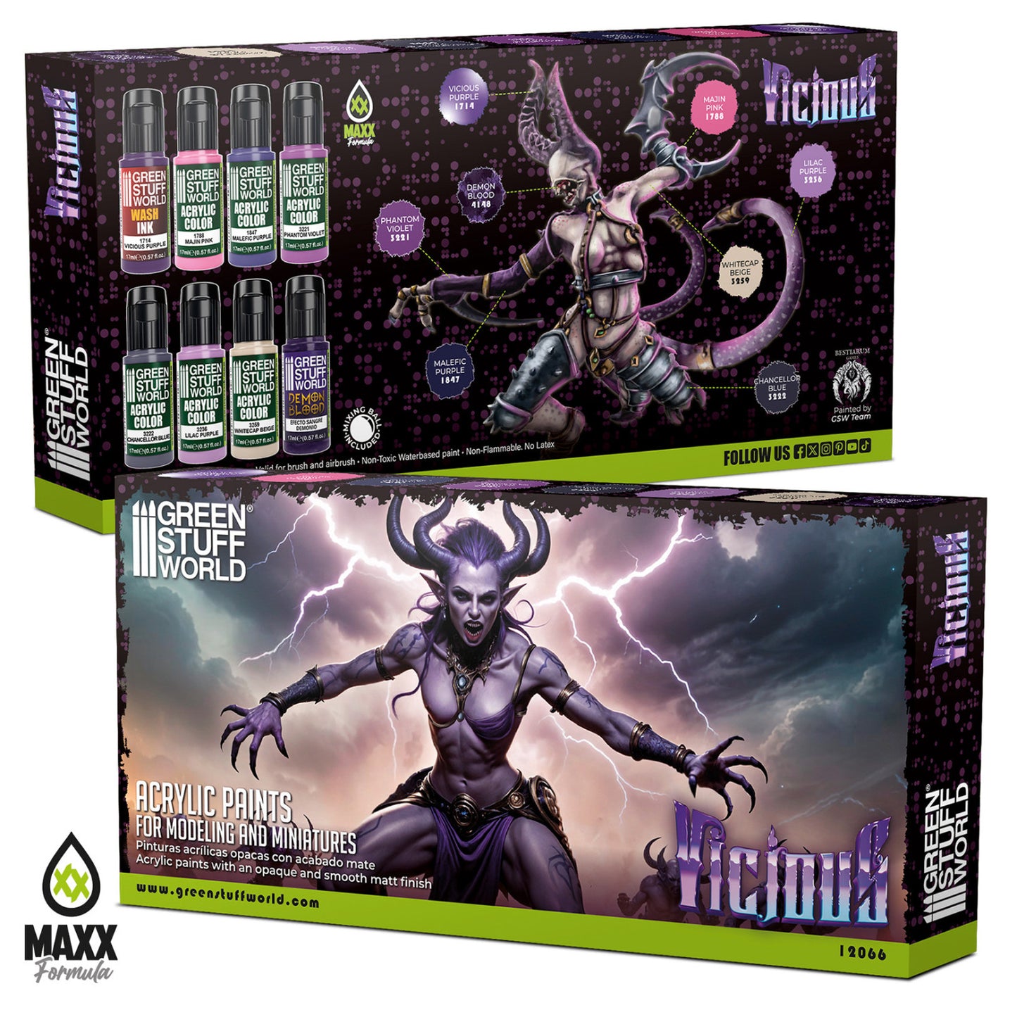 Green Stuff World Paint Set Vicious 12066 pudełko przód i tył - zestaw 8 farb akrylowych Maxx Formula do malowania figurek demonów Warhammer - Green Stuff World