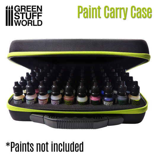 Paint Carry Case Green Stuff World – otwarta twarda walizka wypełniona butelkami dropper 17ml Green Stuff World w różnych kolorach, pianka trzyma butelki pionowo w dwóch rzędach, napis "Paint Carry Case", adnotacja "Paints not included", logo GSW