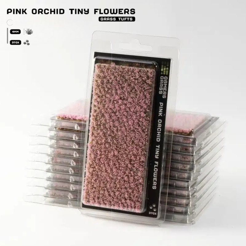 Pink Orchid Tiny Flowers 4mm Gamers Grass - opakowanie blister ze stosem produktów, widok z przodu z arkuszem 370 różowych kępek storczyka i oznaczeniem 4mm 370x