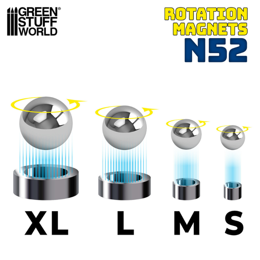 Green Stuff World – porównanie rozmiarów Rotation Magnets N52: XL, L, M, S – kulki stalowe na magnesach z efektem obrotu