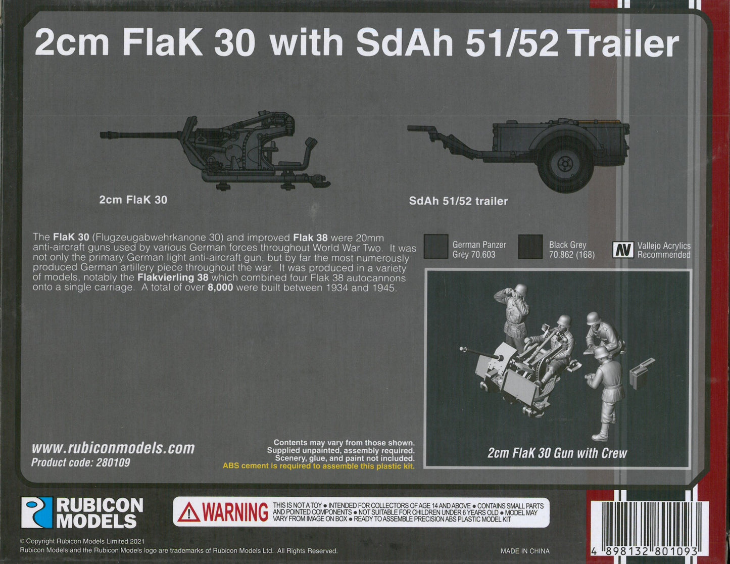 2cm FlaK 30 z przyczepą SdAh 51/52 – tył pudełka Rubicon Models 280109: widok modelu działa i przyczepy, figurki obsługi, kod kreskowy 4898132801093
