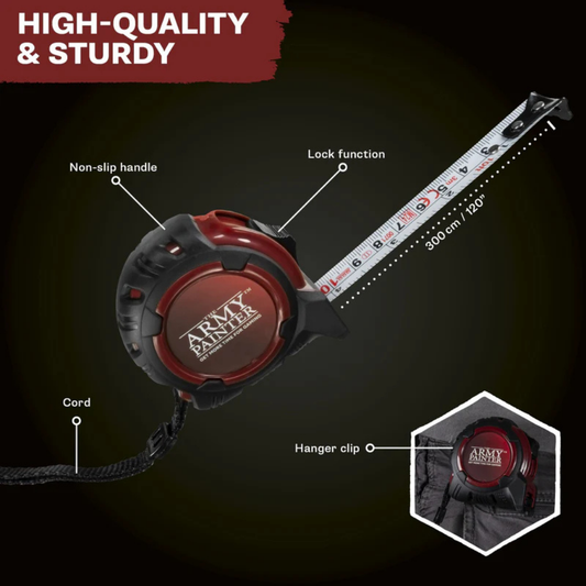 The Army Painter Rangefinder Tape Measure TL5047P – antypoślizgowy uchwyt, blokada taśmy, sznurek i klips, taśma stalowa 300 cm / 120 cali