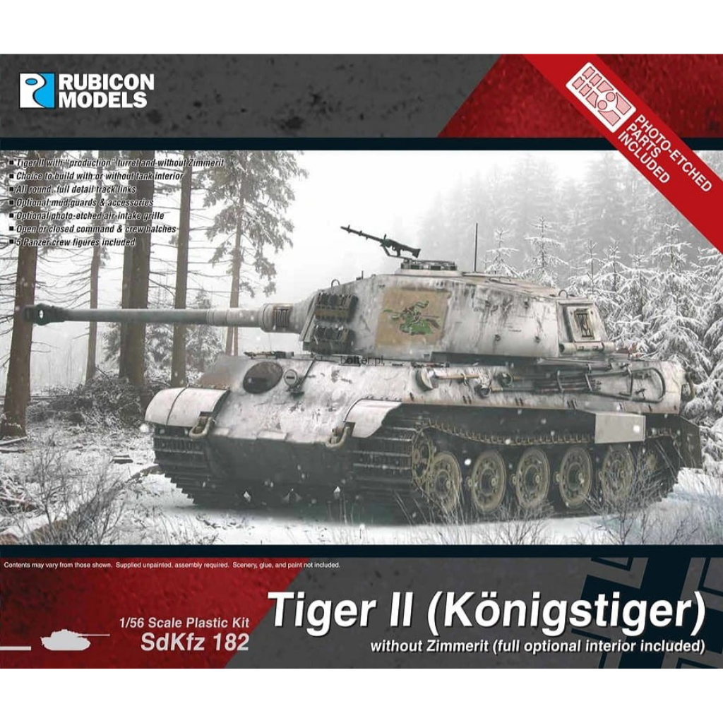 Tiger II (Königstiger) SdKfz 182 bez Zimmerit – przód pudełka Rubicon Models 280099: model ciężkiego czołgu niemieckiego w zimowym kamuflażu, skala 1/56 (28mm)