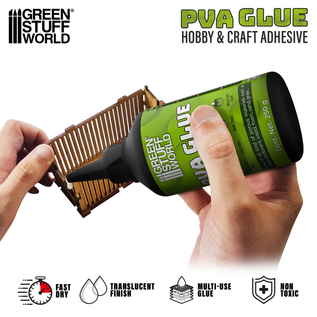 PVA Glue Green Stuff World – aplikacja kleju wikol z butelki 250g na drewnianą ramkę modelarską, ikony właściwości: Fast Dry, Translucent Finish, Multi-Use Glue, Non Toxic, napis "PVA Glue Hobby & Craft Adhesive"