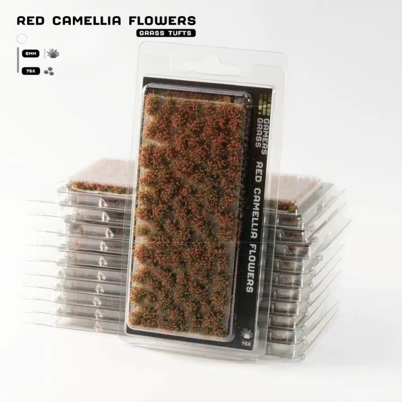 Red Camellia Flowers 6mm Gamers Grass - opakowanie blister ze stosem produktów, widok z przodu z arkuszem 75 czerwono-brązowych kępek kamelii i oznaczeniem 6mm 75x
