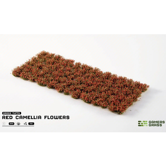 Red Camellia Flowers 6mm Gamers Grass - arkusz kępek kwiatowych na białym tle z logo Gamers Grass i opisem produktu: Grass Tufts 6mm 75x