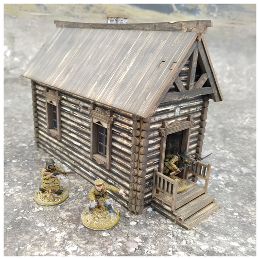 Duża Rosyjska Izba z Bali 28mm – figurki żołnierzy WWII przy budynku z przedsionkiem i balustradą, widok izometryczny z boku, SceneryWargames