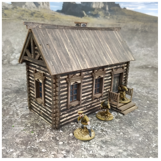 SceneryWargames Russian Izba with Right-Side Entrance Stairs 28mm – scenografia na stole bitewnym z figurkami żołnierzy WWII przy schodach wejściowych po prawej stronie, Bolt Action