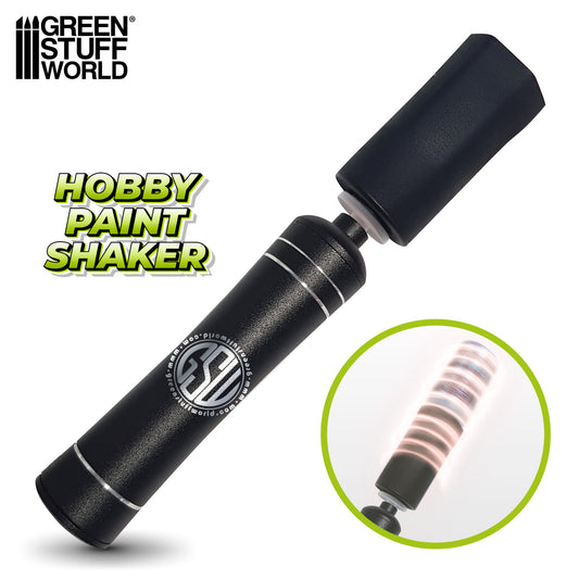 Green Stuff World Hobby Paint Shaker 3055 – czarny shaker do farb z otwartym adapterem gumowym i zbliżeniem na wibrujący mechanizm rotacyjny, Green Stuff World