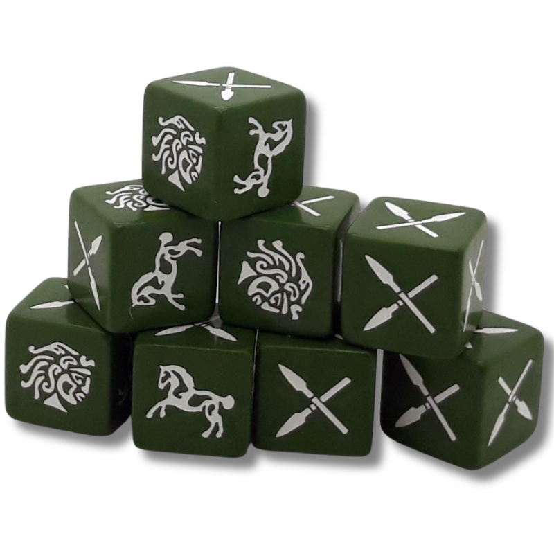Kości SAGA Barbarian Dice SD16 Gripping Beast – 8 zielonych kości z białymi symbolami barbarzyńców: lew, jeździec, włócznia, wojownik