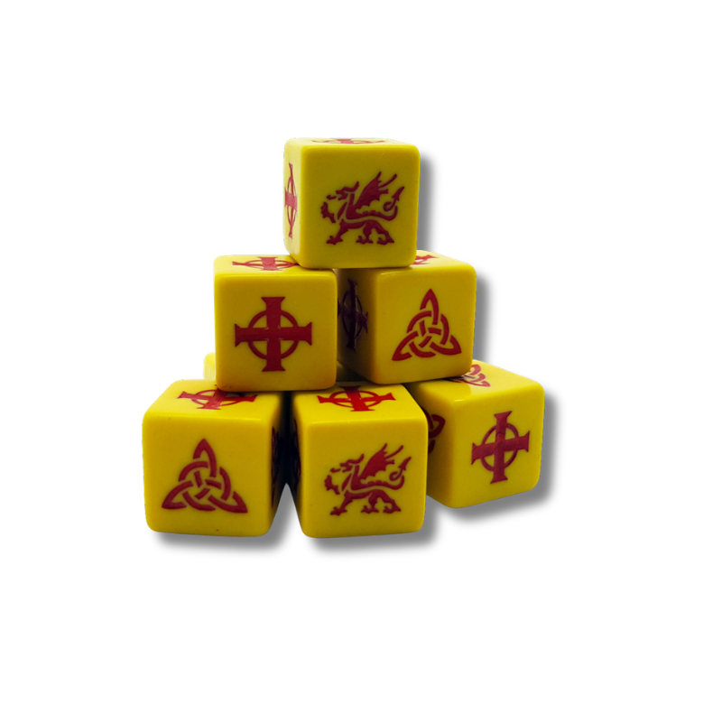 Kości SAGA Celtic Dice Welsh SD04 Gripping Beast – 8 żółtych kości z czerwonymi symbolami celtyckimi: smok, krzyż celtycki, triskelion