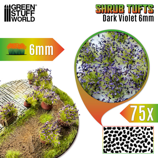 Shrub Tufts 6mm Dark Violet Green Stuff World - kępki krzewinek z ciemnofioletowymi kwiatami na dioramie, zbliżenie na teksturę i układ 75 sztuk na arkuszu