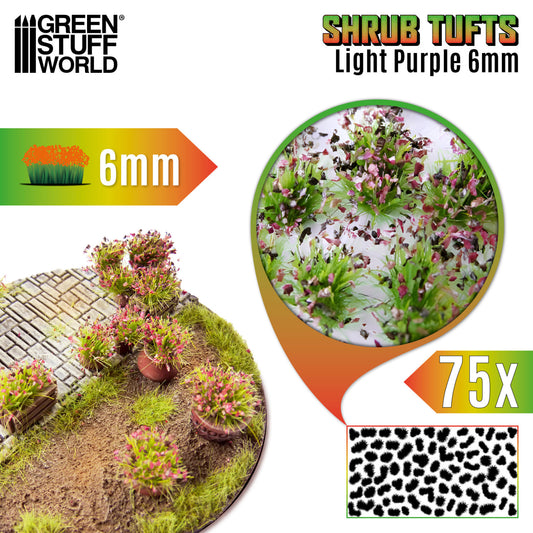 Shrub Tufts 6mm Light Purple Green Stuff World - kępki krzewinek z jasnofioletowymi kwiatami na dioramie, zbliżenie na teksturę i układ 75 sztuk na arkuszu, paleta kolorów serii