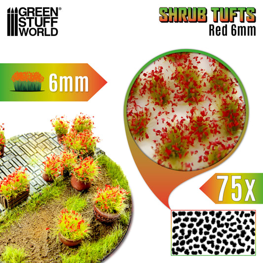 Shrub Tufts 6mm Red Green Stuff World - kępki krzewinek z czerwonymi kwiatami na dioramie, zbliżenie na teksturę i układ 75 sztuk na arkuszu