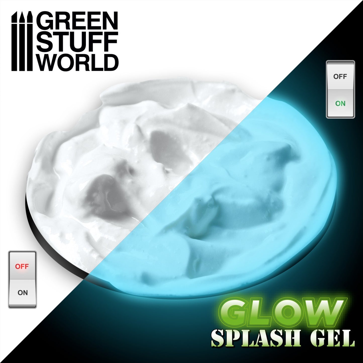 Green Stuff World Glow Splash Gel Spectral Blue 3252 – podstawka z żelem w świetle dziennym (biały) i w ciemności (świecący niebieski), efekt Glow In The Dark, Green Stuff World