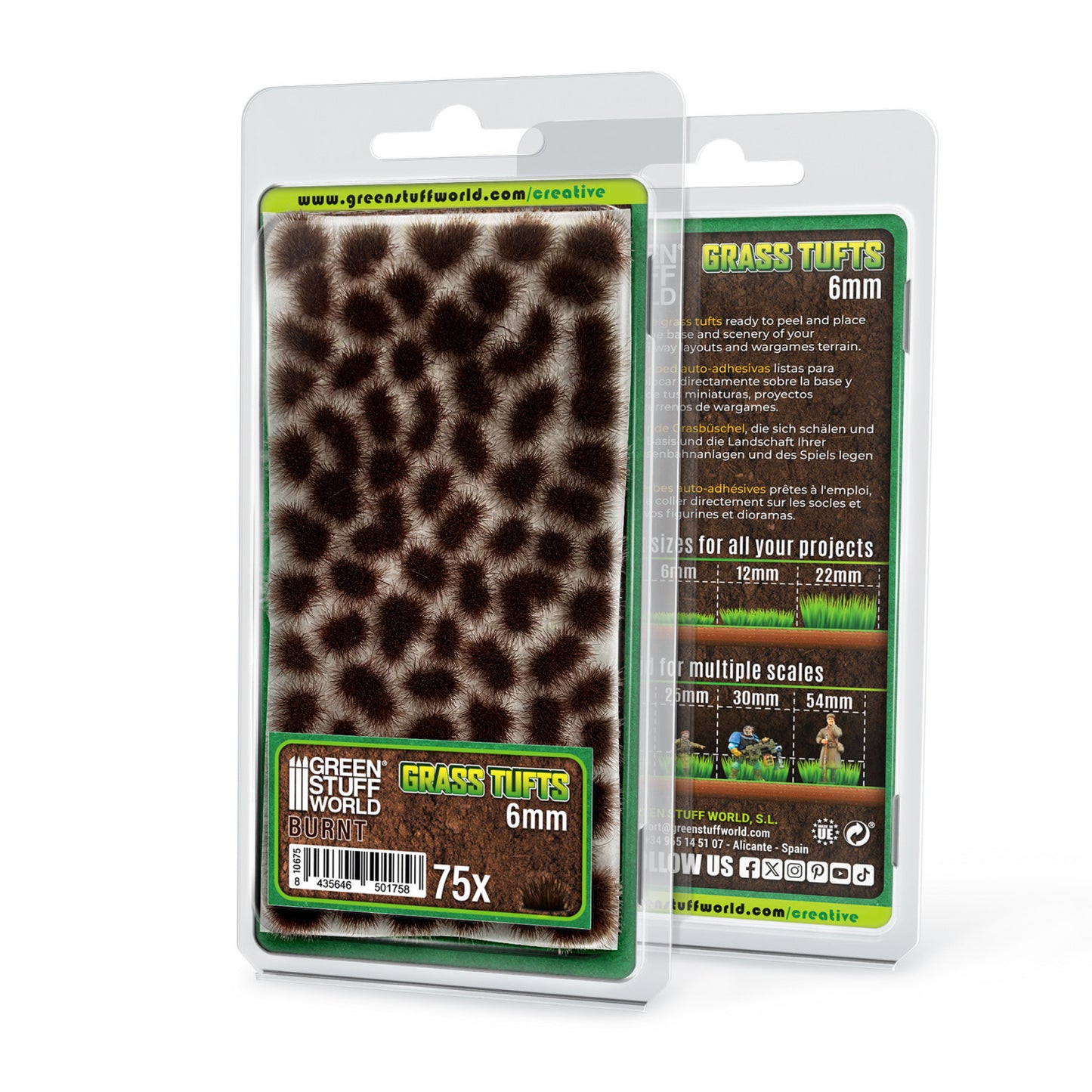 Grass Tufts 6mm Burnt Brown Green Stuff World - opakowanie blister 75 sztuk, widok z przodu i tyłu z opisem rozmiarów 6mm 12mm 22mm i skal 25mm 30mm 54mm