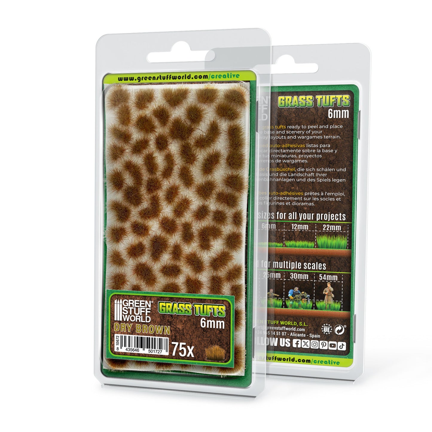 Grass Tufts 6mm Dry Brown Green Stuff World - opakowanie blister 75 sztuk, widok z przodu i tyłu z opisem rozmiarów 6mm 12mm 22mm i skal 25mm 30mm 54mm