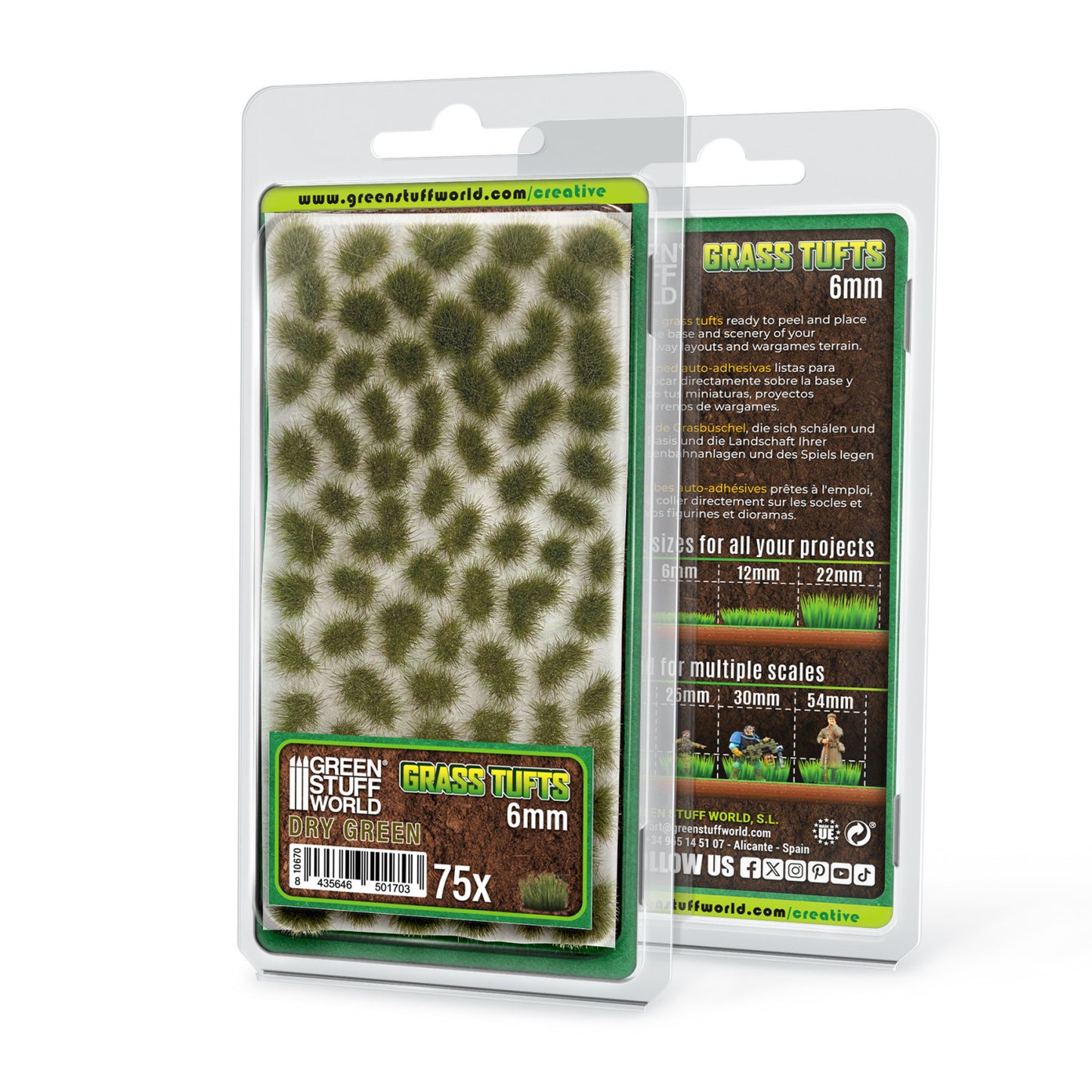 Grass Tufts 6mm Dry Green Green Stuff World - opakowanie blister 75 sztuk, widok z przodu i tyłu z opisem rozmiarów 6mm 12mm 22mm i skal 25mm 30mm 54mm