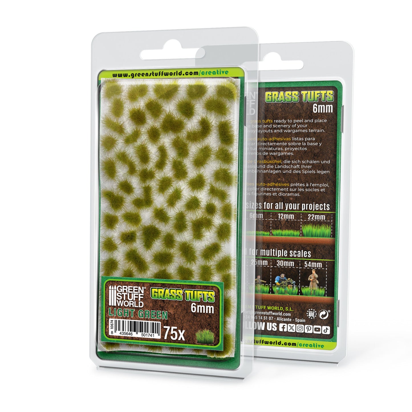 Grass Tufts 6mm Light Green Green Stuff World - opakowanie blister 75 sztuk, widok z przodu i tyłu z opisem rozmiarów 6mm 12mm 22mm i skal 25mm 30mm 54mm