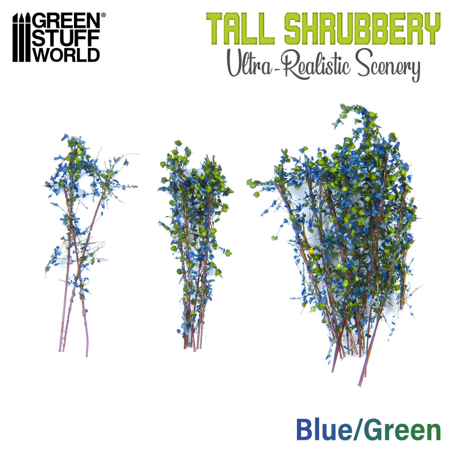 Tall Shrubbery Blue Green GSW - porównanie trzech rozmiarów krzewów: mały, średni i duży na białym tle