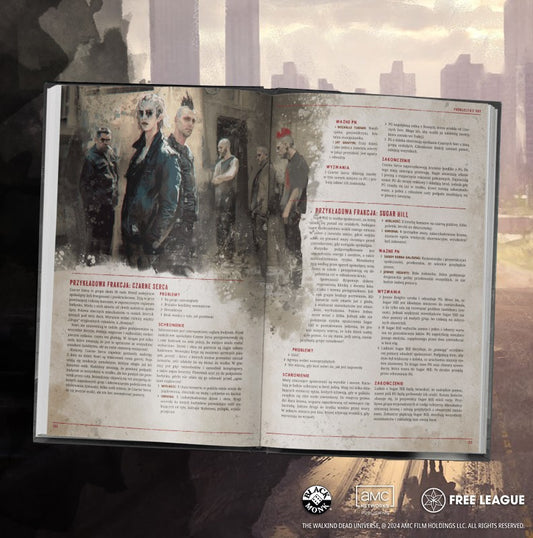 The Walking Dead Universe: Gra Fabularna – rozkładówka z przykładowymi frakcjami Czarne Serca i Sugar Hill, zasady gry RPG