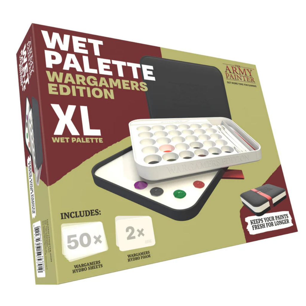 The Army Painter Wet Palette Wargamers Edition XL TL5057P – pudełko produktu z widokiem palety, zawartość: 50 Hydro Sheets i 2 Hydro Foam, napis Keeps Your Paints Fresh for Longer